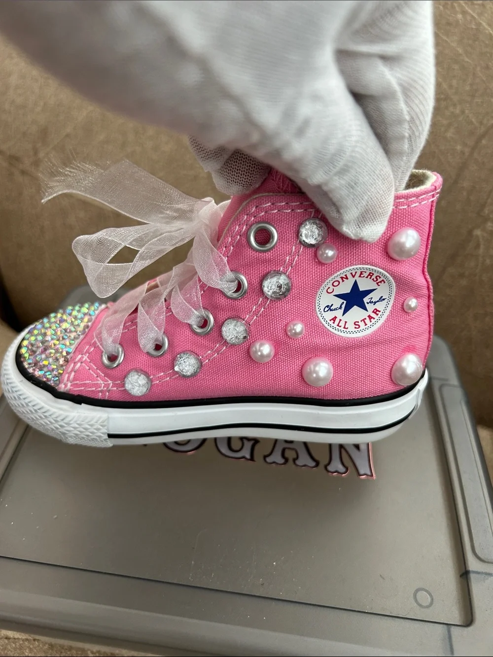 Converse Kids Pink High-Top Sneakers with Rhinestone Toe & Pearl Accents